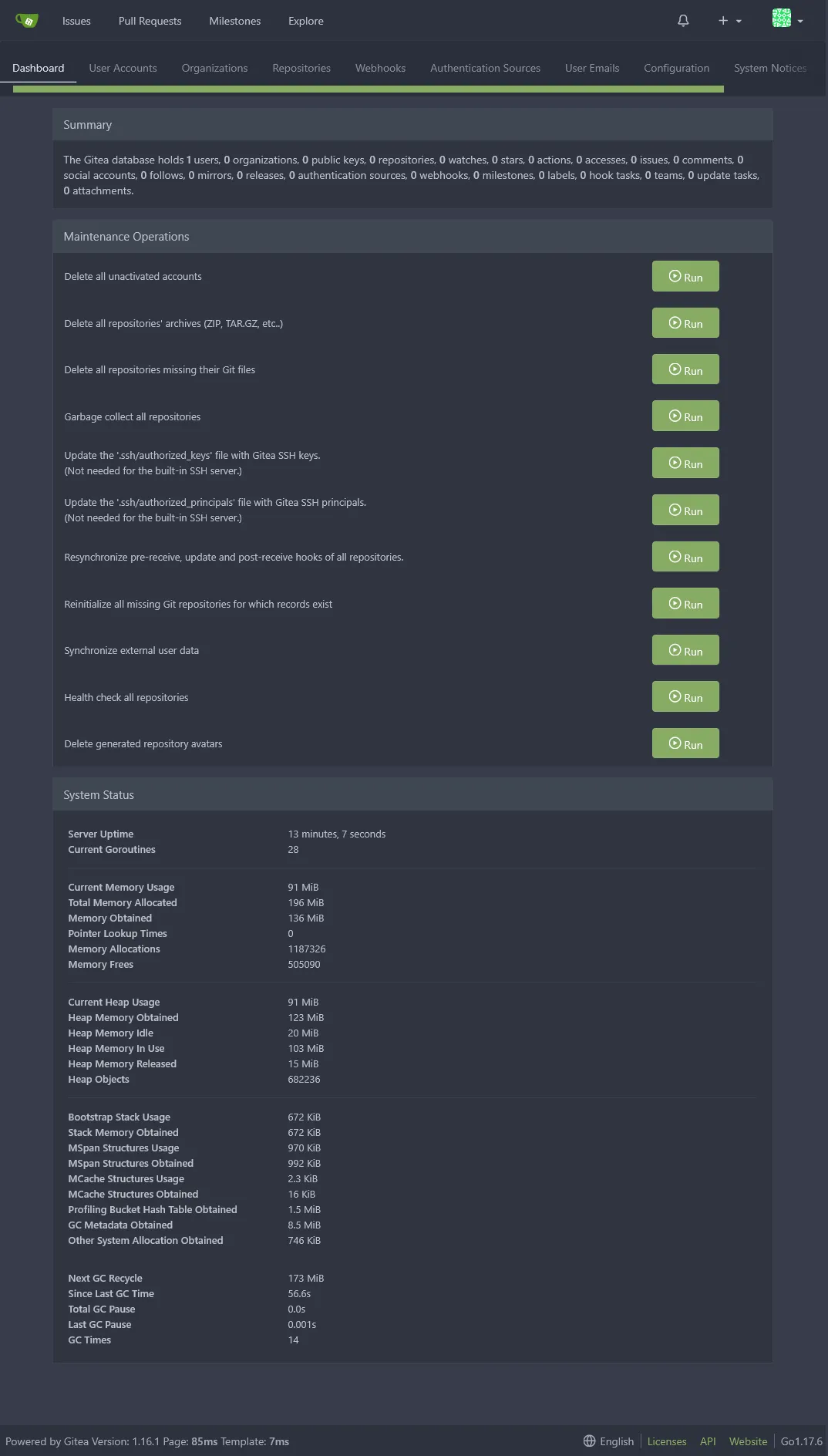 Gitea admin dashboard