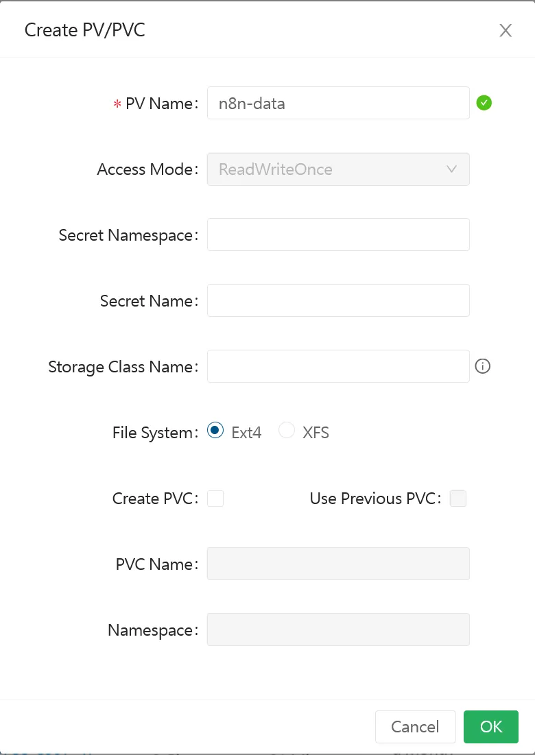 Longhorn create pvc n8n