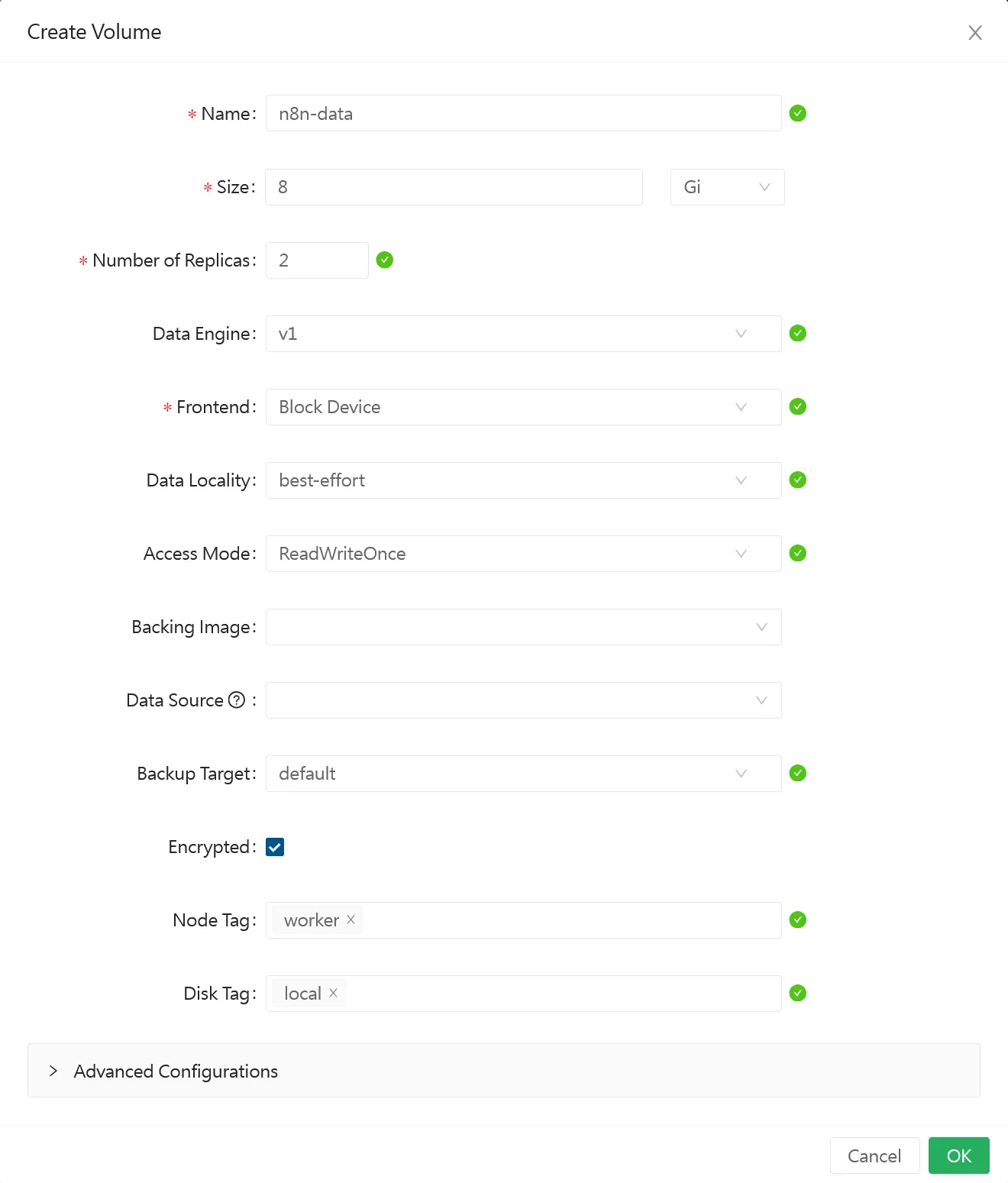 Longhorn create volume n8n